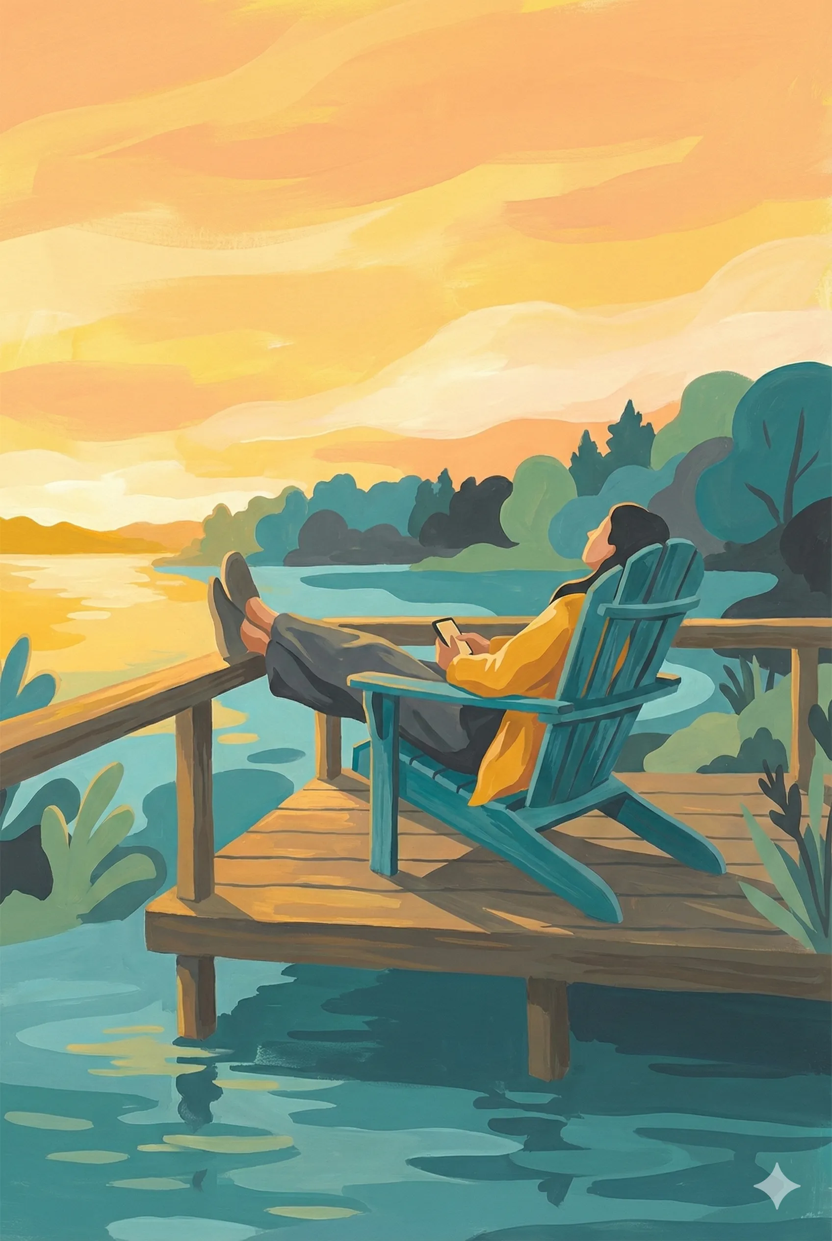 A person relaxing in an Adirondack chair on a dock at golden hour, phone in hand